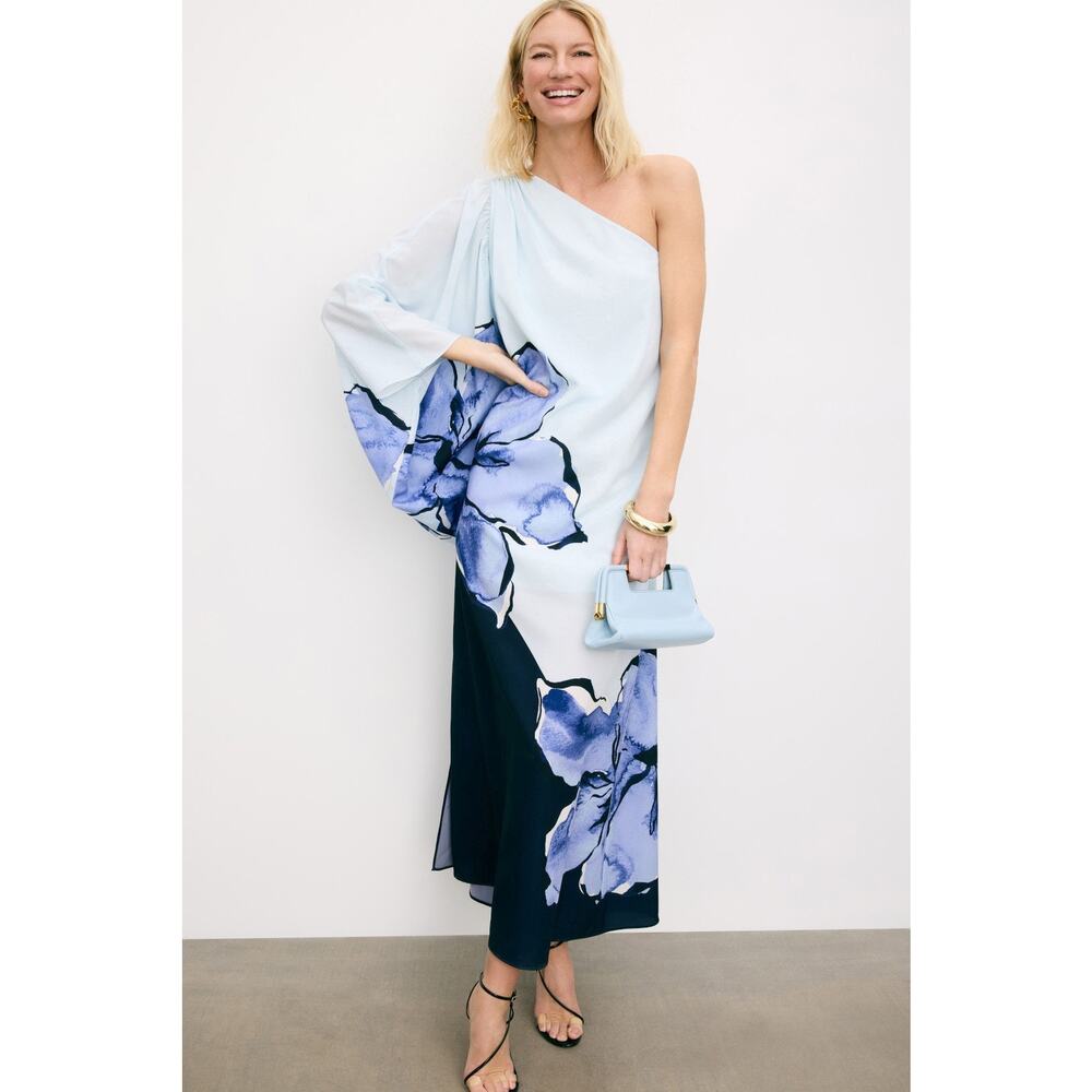 Hutch One-Shoulder Maxi Dress in Light Blue and Navy with Floral Print